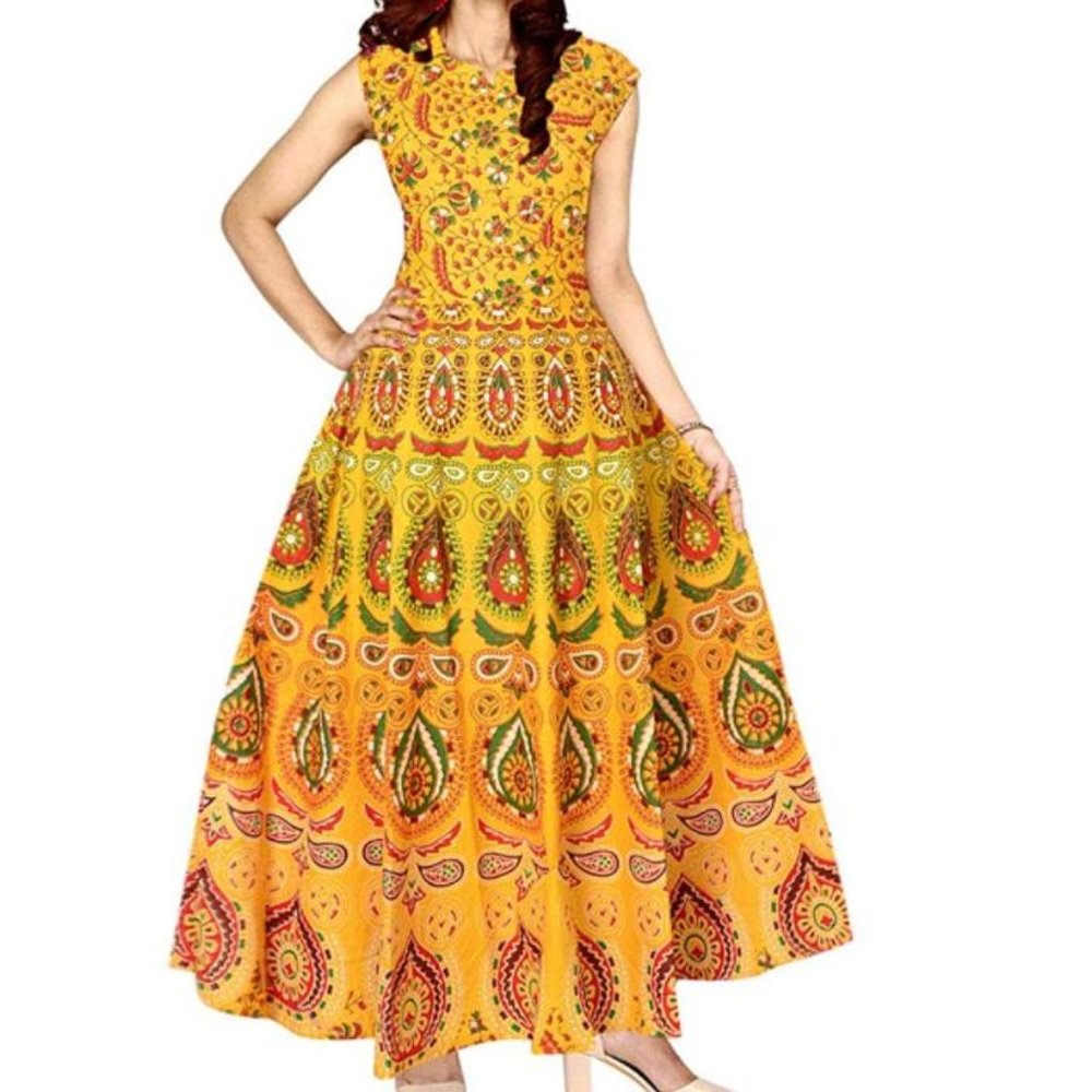 Women's Mandala Dress Round-Neck Cotton with Belt Yellow Size US XL